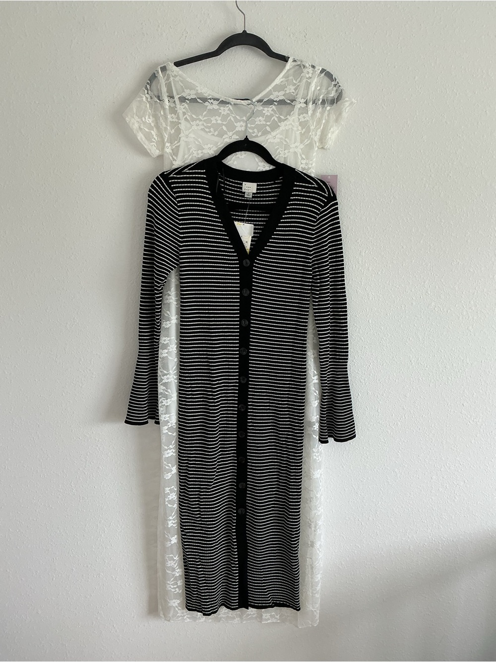 a new day Black & White Striped Lace-Back Button-Front Long Sleeve Dress